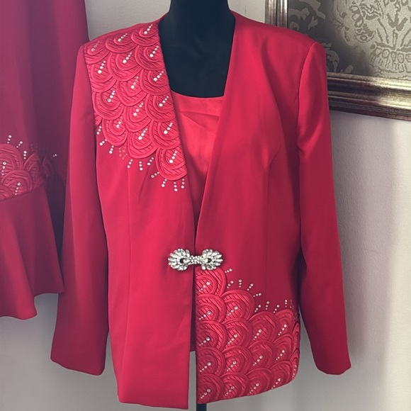 Ben Marc International Red 3 piece embellished suit blazer skirt satin cami 14 - Picture 2 of 10